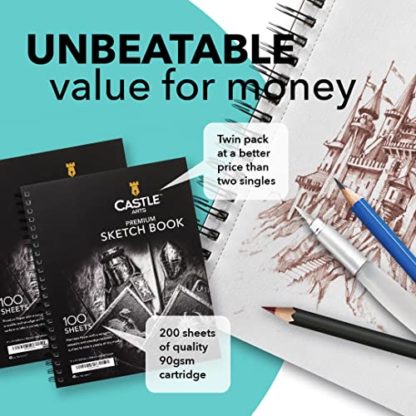 Castle Art Supplies Premium Sketch Books 9in x 12in | Double Sketch Pad Pack | 200 Sheets of Quality 90gsm Paper | for Adult Artists and Learners | Spiral Bound for Versatility - Image 4