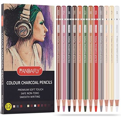 PANDAFLY Professional Colored Charcoal Pencils Drawing Set, Skin Tone Colored Pencil, Pastel Chalk Pencils for Sketching, Shading, Coloring, Layering & Blending, 12 Colors