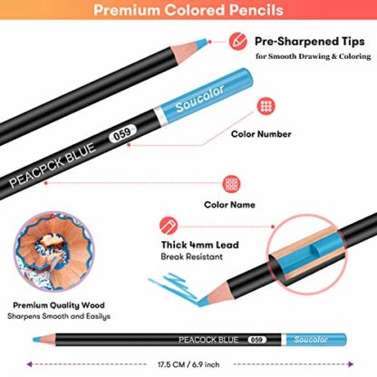 Soucolor 180-Color Artist Colored Pencils Set for Adult Coloring Books, Soft Core, Professional Numbered Art Drawing Pencils for Sketching Shading Blending Crafting, Gift Tin Box for Beginners Kids - Image 3