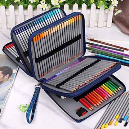 BTSKY Colored Pencil Case- 160 Slots Pencil Holder Pen Bag Large Capacity Pencil Organizer with Handle Strap Handy Colored Pencil Box with Printing Pattern Blue Star - Image 6