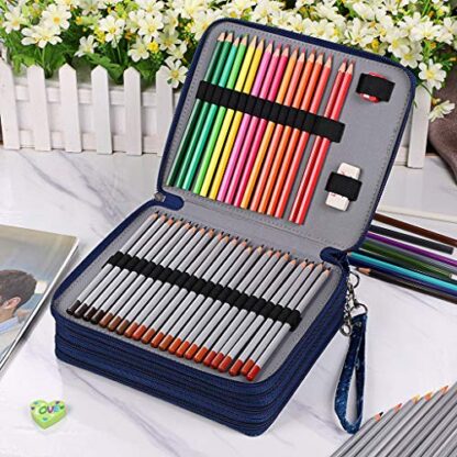 BTSKY Colored Pencil Case- 160 Slots Pencil Holder Pen Bag Large Capacity Pencil Organizer with Handle Strap Handy Colored Pencil Box with Printing Pattern Blue Star - Image 8
