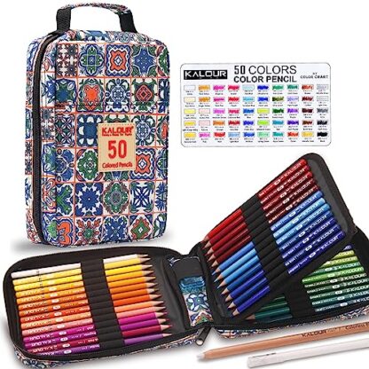 KALOUR Premium Colored Pencils for Adult Coloring Book,Set of 50 Colors,with Zipper Slot Pencil Case,Soft Core,Ideal for Layering Blending,for Artists Beginners