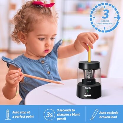 Minify Pencil Sharpener Electric Pencil Sharpener Heavy Duty Blade Rechargeable Battery Powered Pencil Sharpeners for 6-8mm Colored Pencils Auto Stop Fast Sharpen in 3s (Black) - Image 3