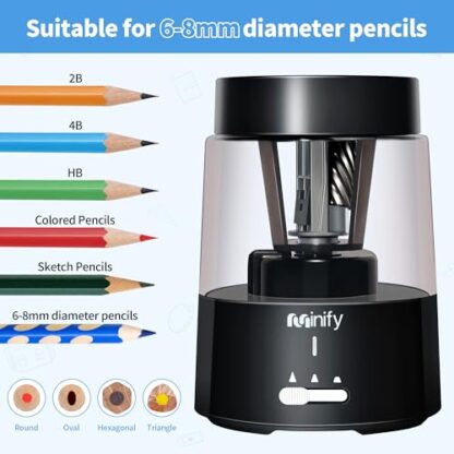 Minify Pencil Sharpener Electric Pencil Sharpener Heavy Duty Blade Rechargeable Battery Powered Pencil Sharpeners for 6-8mm Colored Pencils Auto Stop Fast Sharpen in 3s (Black) - Image 7