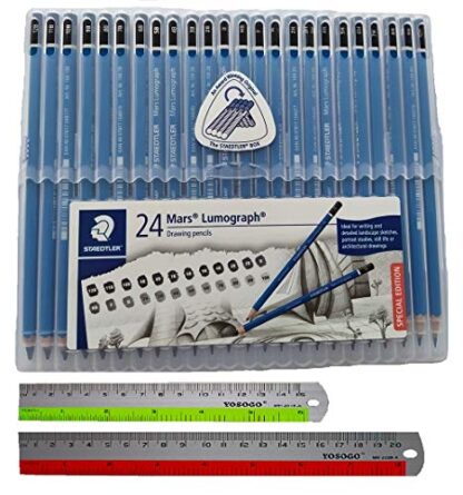 Wooden Pencil By Staedtler Mars Lumograph - Pack of 24 Degrees in Practical Plastic Storage Box With 6" and 8" Aluminum Ruler