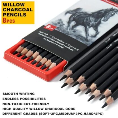 Brusarth Professional Charcoal Pencils Drawing Set - 8 Pieces Soft Medium and Hard Willow Charcoal Pencils for Drawing, Sketching, Shading - Image 3
