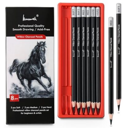 Brusarth Professional Charcoal Pencils Drawing Set - 8 Pieces Soft Medium and Hard Willow Charcoal Pencils for Drawing, Sketching, Shading