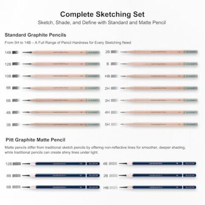 KALOUR 25-Piece Professional Sketch Pencil Set with Matte and Regular Pencils - Includes Vinyl Eraser, Kneaded Eraser, Sharpener, Pencil Extender and Blending Stump - Ideal for Artists and Beginners - Image 5