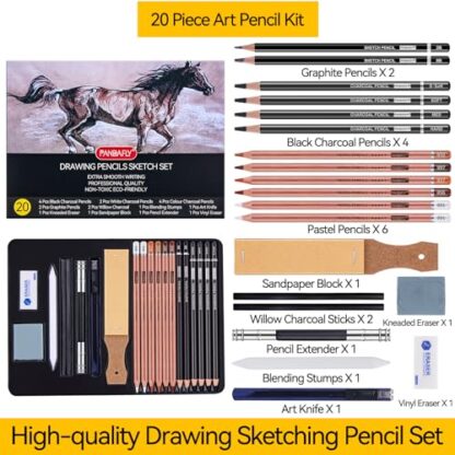 PANDAFLY Professional Colored Charcoal Pencils Drawing Set, 20 Pack Art Pencil Kit - Pastel Chalk Pencils, Black & White Charcoal Pencils, Graphite Pencils, Charcoal Sticks, P932-20 - Image 3