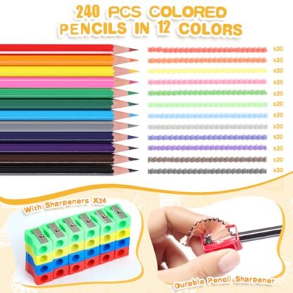 240 Packs Colored Pencils Bulk Classroom, Colored Pencils for Kids 12 Assorted Colors, Coloring Pencil Set Plus 24 Sharpeners, Pre-sharpened Color Pencils, Back to School Supplies Bulk for Teachers - Image 3